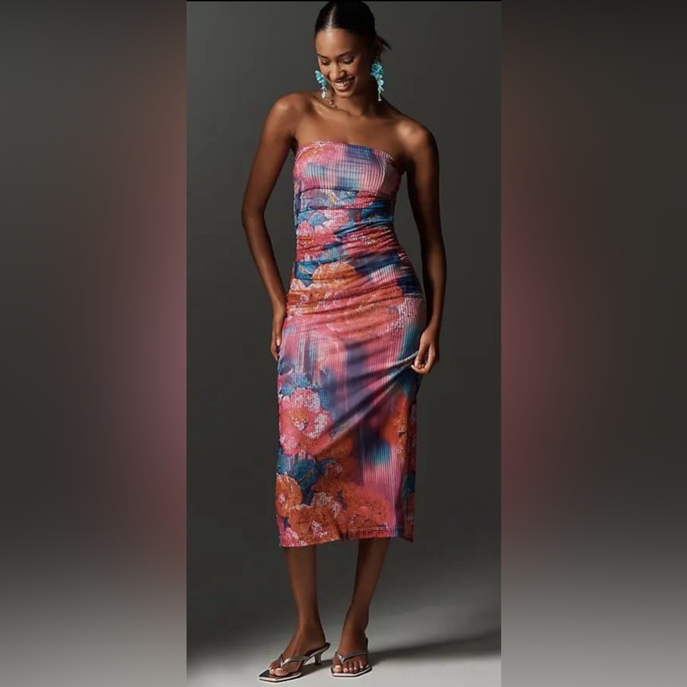 Anthropologie THE SOLEIL SLIM STRAPLESS RUCHED MESH DRESS XS NWT